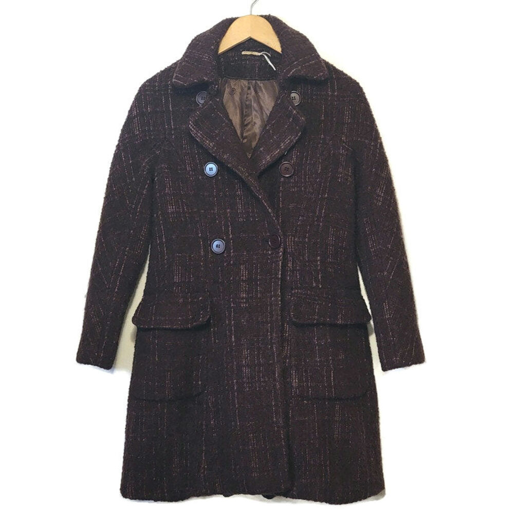 Max Studio Brown Wool Silk Alpaca Coat Double Breasted Chic Cozy Fall Jacket L